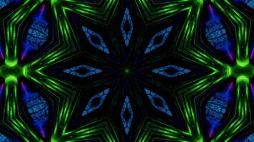 Green and black abstract background with star pattern in the middle. Kaleidoscope VJ loop video