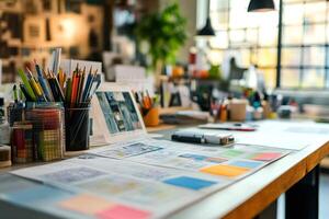 Designer working on creative project using pencils and sticky notes in modern office photo