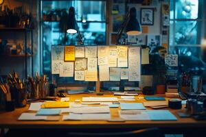 Designer working late at night in creative office with notes and sketches on the wall photo