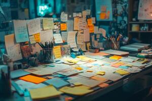 Messy desk covered with notes and sketches showing creative process photo