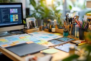 Designer's desk displaying computer, colorful sticky notes, and creative tools, embodying modern workspace organization photo