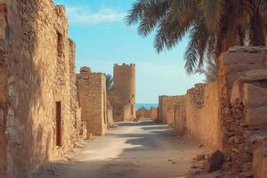 Exploring the enchanting ruins of an ancient coastal town with tower and palm tree photo