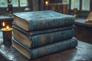 Stack of old leather bound books with candlelight creating cozy atmosphere photo