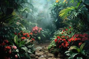 Sunbeams shining through the lush foliage of a tropical garden..... photo
