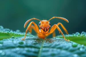 Weaver ant standing on a leaf covered with dew photo