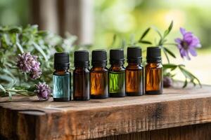 Bottles of essential oil standing on a wooden surface with a blurred garden in the background photo