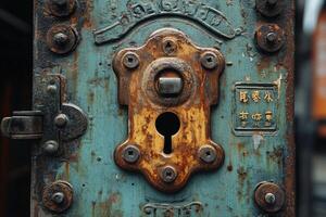 Old rusty lock showing its age on a weathered door photo
