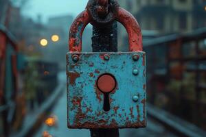 Old rusty blue and red lock hanging protecting on blurred background photo