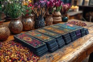 Fortune teller desk displaying tarot cards with incense and dried flowers photo