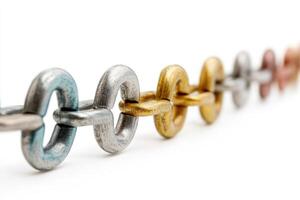 Chain of metallic links extending into the distance on white photo