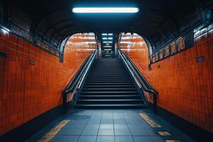 Empty staircase leading up in subway station with orange walls photo