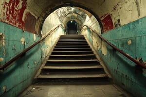 Staircase leading to a light in an abandoned subway station photo