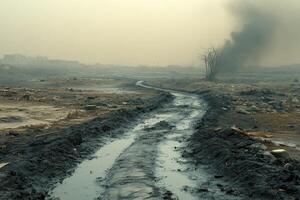 Muddy path leading through a polluted wasteland with smoke billowing in the distance photo