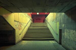Staircase leading up from colorful and grungy subway station... photo