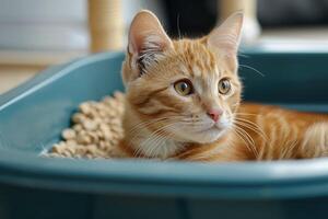 Ginger kitten resting in its litter box looking away photo