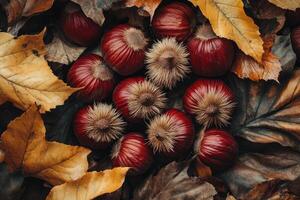 Ripe chestnuts resting on a bed of autumn leaves photo
