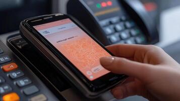 Woman paying using nfc technology on smartphone in a shop photo