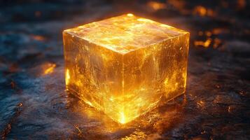 Shiny gold cube standing on reflective stone surface with bokeh lights in background photo
