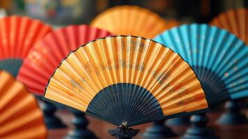 Row of colorful folding fans standing on a wooden surface photo