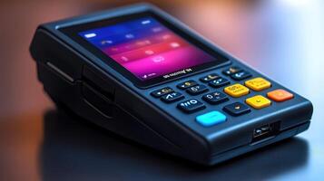 Modern pos terminal lying on table is glowing in the dark... photo