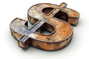 Rusty dollar sign is laying on a white background photo