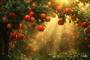 Red apples hanging from branch in apple orchard during golden hour rain shower photo