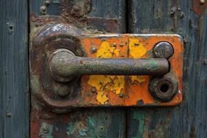 Old rusty door latch showing layers of peeling paint on wooden door photo