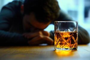 Man suffering from alcoholism sleeping at bar with whiskey glass on table photo