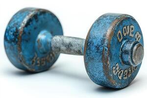 Old blue dumbbell showing signs of wear and tear on white background photo