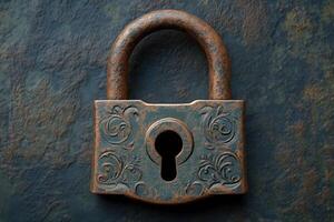 Old rusty padlock showing the passing of time on dark background photo
