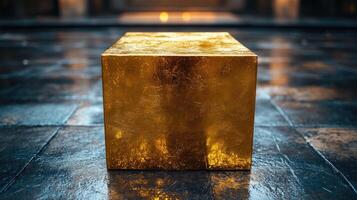 Shiny .gold cube standing on reflective stone surface with bokeh lights in background photo