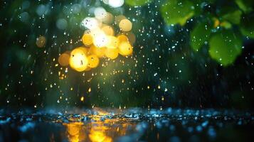 Rain falling and creating water circles on a wet surface at night photo