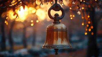 Old brass bell hanging on tree branch with golden bokeh lights photo