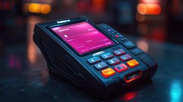 Modern pos terminal lying on table is glowing in the dark. photo
