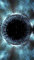 Abstract circular formation of glowing blue particles radiating from a dark central void, suggesting data flow or energy video