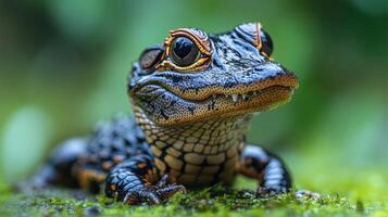 Cuvier's dwarf caiman resting on a green leaf photo