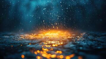 Heavy rain falling on wet asphalt road at night creating large puddles photo