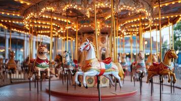 Vintage carousel spinning in an amusement park surrounded by autumn trees.. photo
