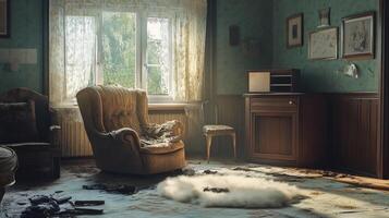 Deserted living room with dust and debris showing a broken window letting in sunlight photo