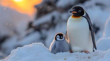 Emperor penguin standing with chick on snowy hillside at sunset photo