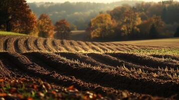 Plowed field with dramatic sky at sunset during autumn photo
