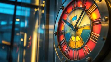 Modern clock showing the time in a building photo
