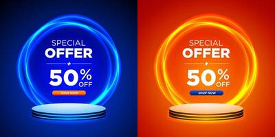 Special Offer Set. Blue and Orange Background with Circle Light Effect on Podium Template Design vector