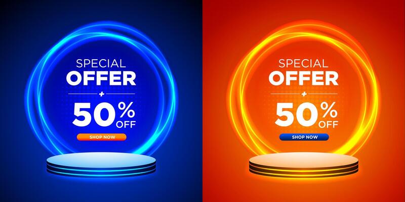 Special Offer Set. Blue and Orange Background with Circle Light Effect on Podium Template Design