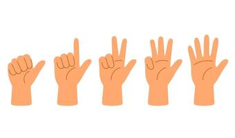 Collection of hand gestures counting from one to five using raised fingers on a human hand in various views vector