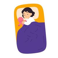 Girl sleeping in bed while hugging a pink plush toy under a purple blanket with yellow pillow and mattress on white background vector