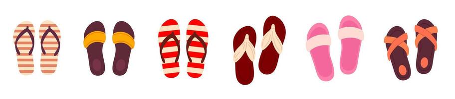 Large set of summer slippers and sandals in various colors and styles on white background vector