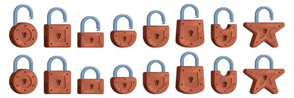 Set of illustrations of locks of different shapes in brown color in modern detailed style vector
