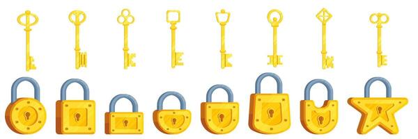 Set of illustrations of locks of different shapes in yellow color with keys vector
