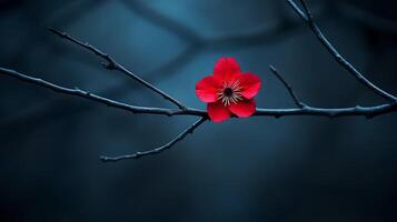 A red flower on a branch in front of a dark background photo